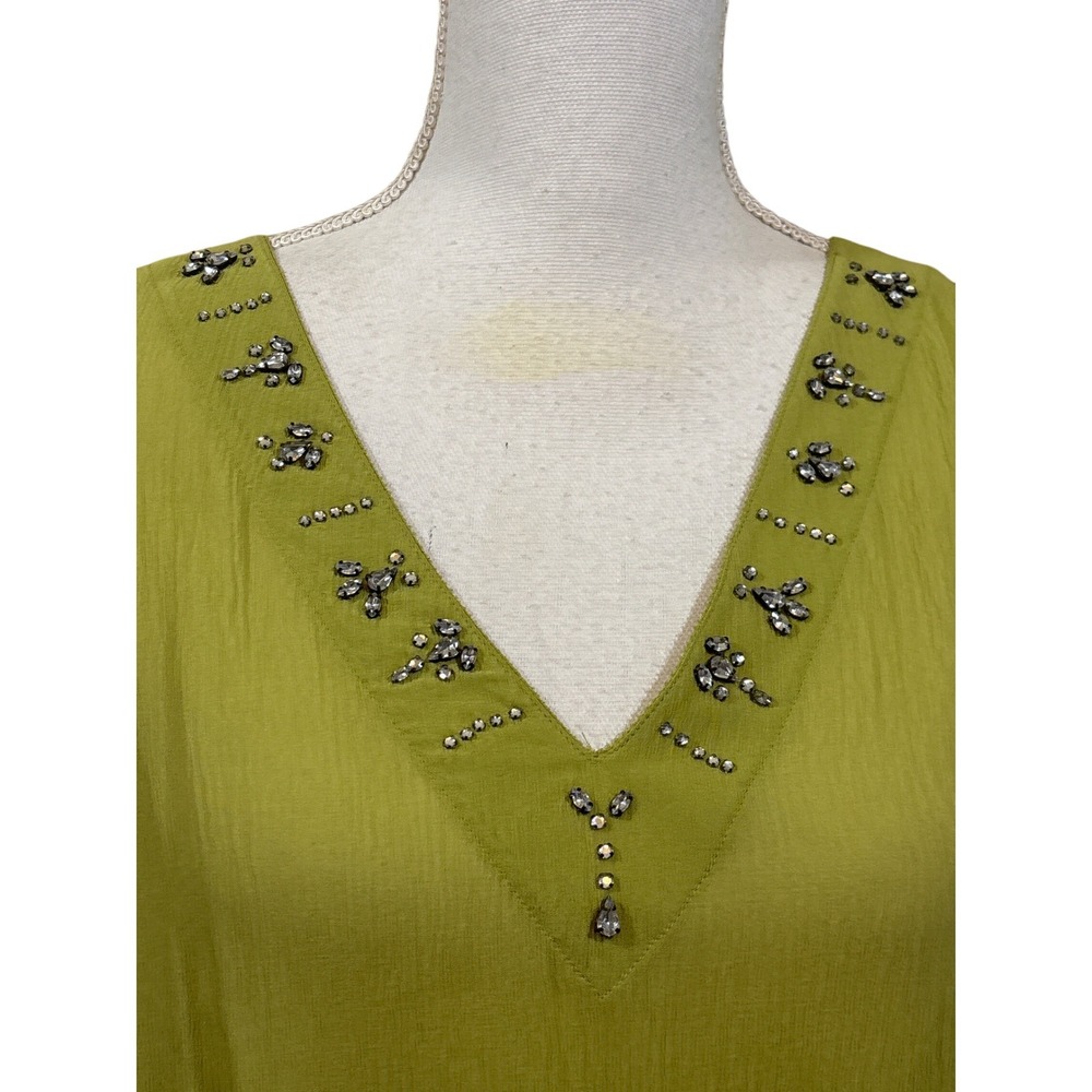 Chicos 100% Silk Beaded V-Neck Tunic Top Chartreuse  3 XL, resort, vacation - Picture 4 of 5